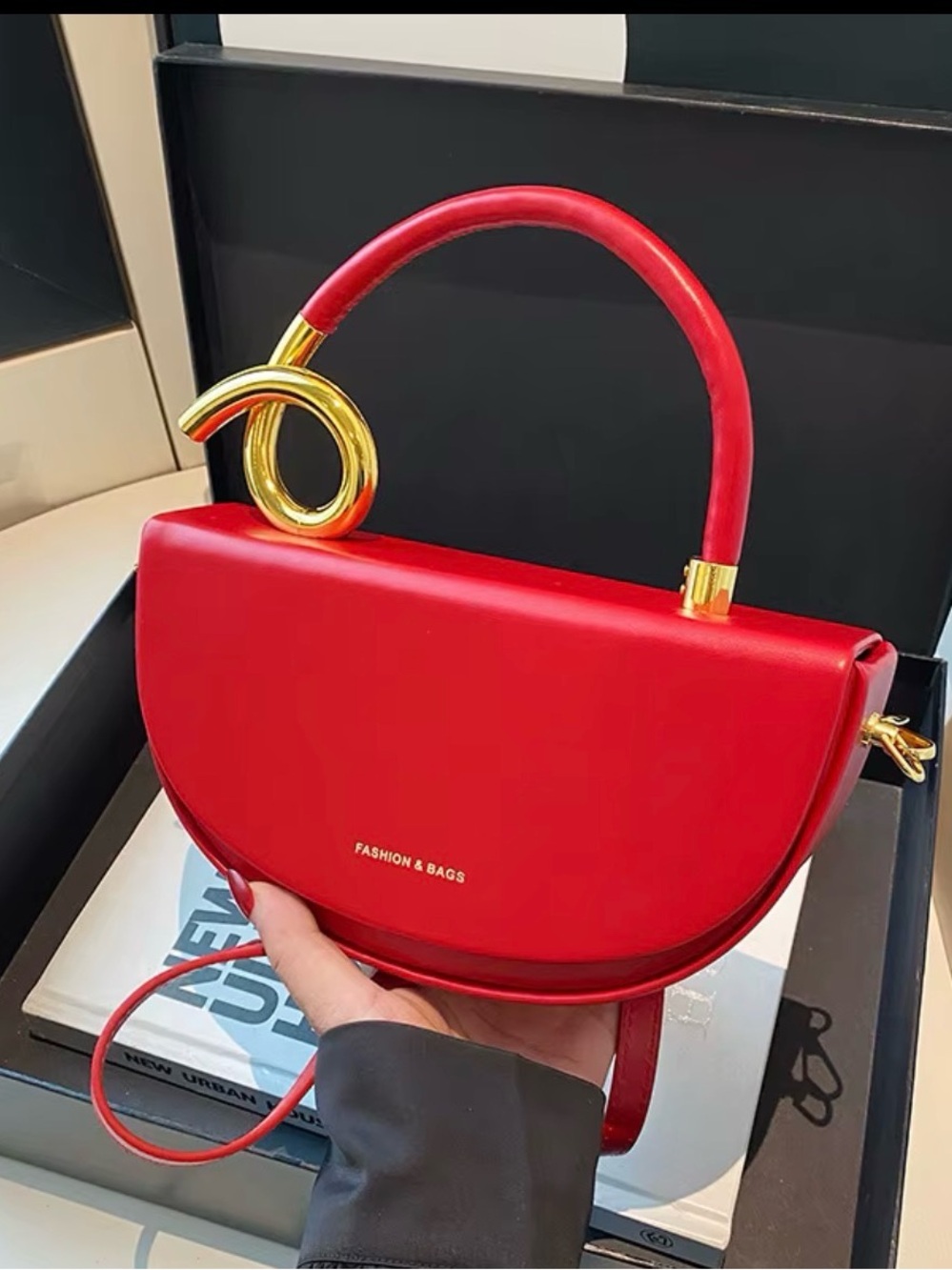 Fashion Bug Red Semi-Circle Top-Handle Shoulder Bag with Gold Accent